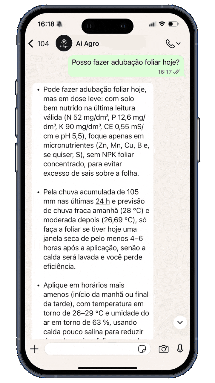 Demonstração do AI Agro no WhatsApp mostrando dados de monitoramento